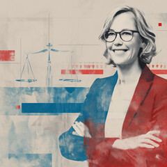 A female  attorney portrait, arms crossed and wearing glasses - in off white, red white and blue. Stylized legal or law firm, justice court system concept with halftone pattern.