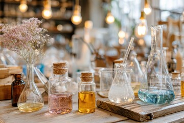 Colorful Glass Bottles and Flasks in a Cozy Laboratory Setting Surrounded by Soft Lighting and Natural Elements for a Serene and Inspirational Atmosphere