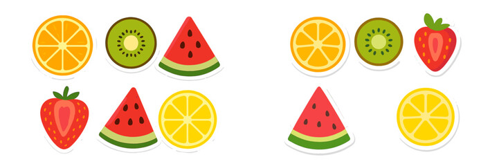 Vibrant collection of fresh fruit slices and whole fruits including orange, kiwi, watermelon, strawberry, and lemon