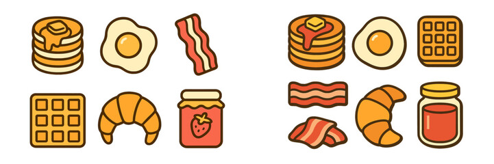 Delicious breakfast food icons set with pancakes, fried eggs, crispy bacon, waffles, croissants, and strawberry jam
