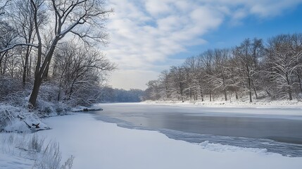 Obraz premium Serene winter landscape with a frozen river, snow-covered banks, and trees under a cloudy sky