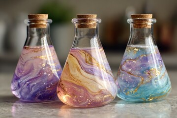 Colorful Glass Bottles with Swirling Liquid Containing Glitter, Ideal for Craft, DIY Projects, or Artistic Decor, Featuring Shades of Purple, Gold, and Blue