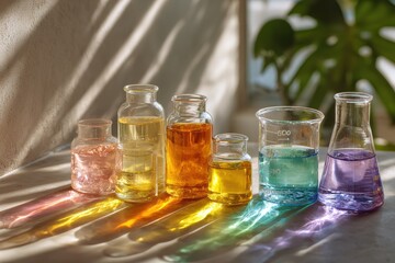 Colorful Glass Containers with Various Liquids Casting Vibrant Shadows on a Table Surrounded by Natural Light and Greenery