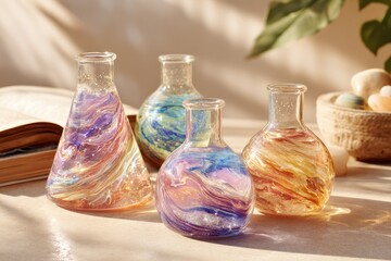 Colorful Glass Bottles with Swirling Patterns and Light Reflections on a Table Surrounded by Natural Elements and a Cozy Atmosphere