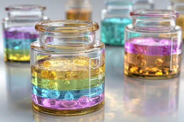 Colorful Glass Jars Filled with Vibrant Liquids and Glittering Bubbles for Creative Backgrounds and Artistic Projects