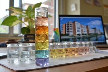 Colorful Glass Jars with Liquid Layers Positioned on a Desk with a Laptop Showing an Urban Scene and Green Plant in the Background