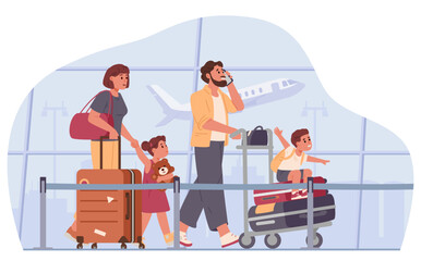 Family with luggage cart walking at the airport flat vector illustration.
