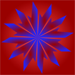 A striking geometric starburst radiates outward in deep blue and purple shades, set against a glowing crimson background, symbolizing energy and intensity.