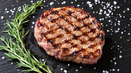Perfectly Cooked Steak Garnished with Rosemary and Sea Salt, Presenting an Appetizing Image of Culinary Delight.