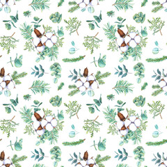 Watercolor seamless pattern with cotton flowers bolls, spruce twigs, eucalyptus branches and thuja. Hand drawn illustration on white background. For fabric, wrapping paper, textile, decoupage card