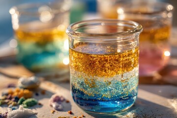 Colorful Glitter in Clear Jars Showcasing a Beautiful Layering Effect Over a Sunny Outdoor Surface Highlighting Creativity and Artistry in Craft Projects