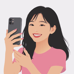 Cartoon Woman Taking Selfie with Smartphone Pink Nails Pink Turtleneck Black Hair.