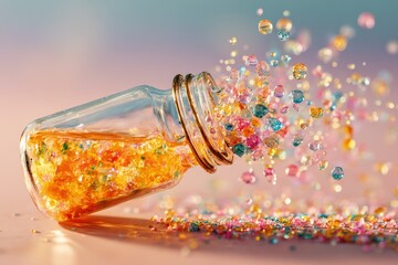 Colorful glitter particles burst from a glass jar creating a vibrant and enchanting scene of joy and celebration in a dreamy background