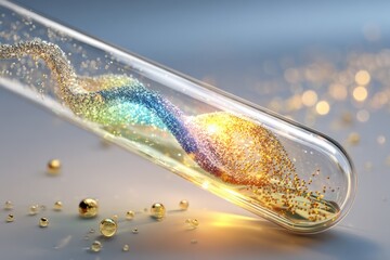 Colorful Glittery Substance in a Laboratory Test Tube Creating Visual Effects and Sparkling Ambience of Science and Art in a Contemporary Setting