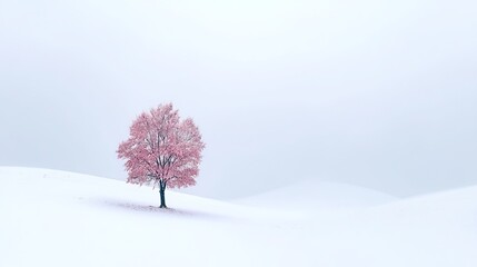 A white background, misty weather, in the distance there is a solitary tree with pink leaves, and the ground has intricate snowflake patterns, creating a tranquil atmosphere and a peaceful mood.