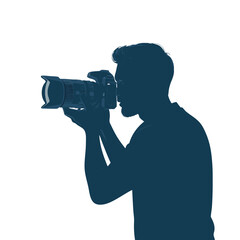 Dark blue silhouette of a male photographer in profile holding a professional DSLR camera to his eye.