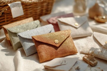 Colorful handcrafted fabric pouches displayed on a rustic fabric backdrop with wicker basket and decorative elements in soft natural lighting