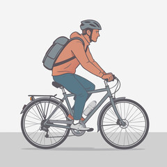 Naklejka premium Cyclist in Profile Riding Bicycle with Backpack Wearing Helmet and Casual Clothes.