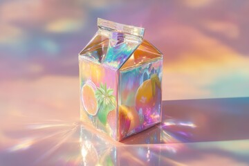 Colorful holographic juice carton with vibrant fruit illustrations in a dreamy, pastel background that captures the essence of freshness and creativity for promotional use.