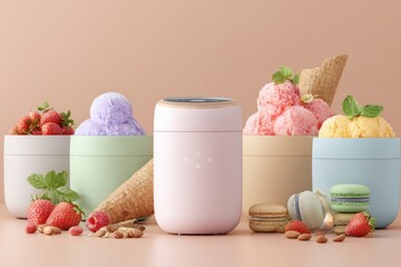 Colorful Ice Cream Delights in Stylish Bowls with Fresh Fruits and Cones on a Soft Peach Background, Perfect for Summer Treats and Dessert Inspiration