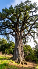 Majestic oak tree in a sunlit landscape