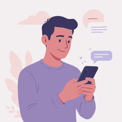 Happy young man with dark hair in a purple sweater texting on his smartphone.