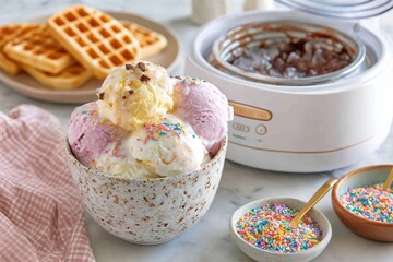 Colorful Ice Cream Dessert in a Bowl with Sprinkles and Waffles on a Table with Ice Cream Maker and Chocolate Sauce in the Background
