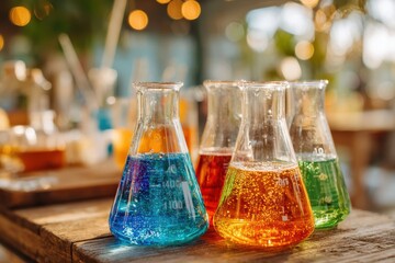 Colorful Laboratory Beakers Filled with Vibrant Liquids Captured in a Bright and Inviting Scientific Environment