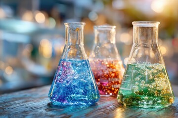 Colorful Laboratory Beakers with Bubbles and Bright Liquids Reflecting Light Against a Blurred Lab Background for Scientific and Educational Concepts
