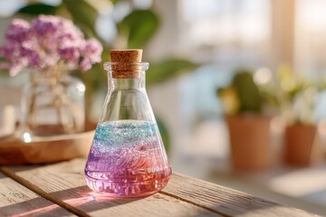Colorful Laboratory Flask with Glittery Liquid on Wooden Table Surrounded by Indoor Plants and Flowers in a Bright and Inviting Environment