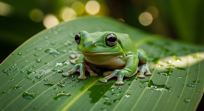 A bright green tree frog sits on a large wet leaf in the rainforest.