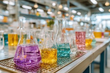 Colorful Laboratory Glassware with Chemical Solutions, Bright Fluids in Various Beakers and Flasks on a Workbench in a Modern Science Lab Setting