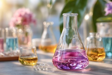 Colorful laboratory glassware with vibrant liquids on a table in a bright, well-lit scientific workspace, showcasing chemistry experiments and research activities.