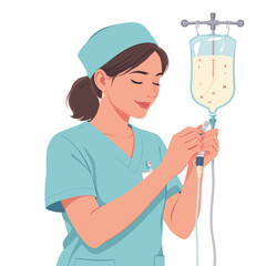 Smiling Nurse in Scrubs Preparing IV Drip for Medical Treatment.