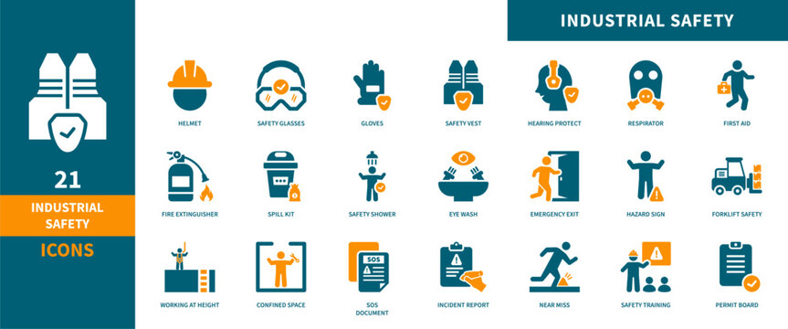 Industrial safety icon set. Containing helmet, mask, protection, hazard, emergency, and workplace icons. Solid icon collection.