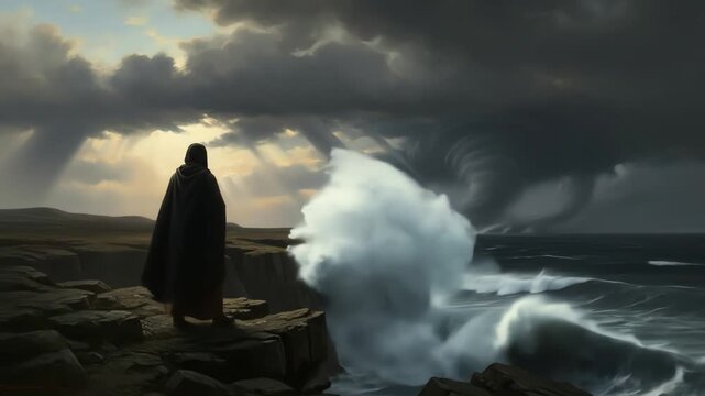 Solitary Figure Observes Majestic Ocean Storm as Powerful Waves Crash Against Rugged Cliffs