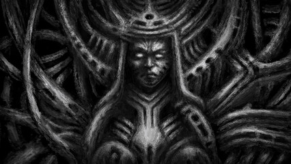 A metallic techno goddess. A mask with a female face. A patterned background with a female head. Black and white illustration in the dark fantasy genre. Dark character concept art. Charcoal noise.