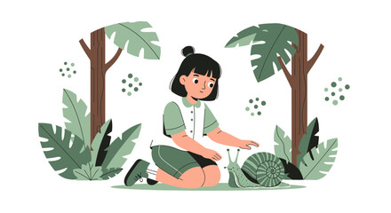 Child Interacting With a Snail in a Natural Setting: Botanical Companionship Scene