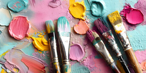 Creative graphic template. Bright art oil acrylics painting with stained paint brushes of vibrant and loud cheerful colour pop swirl blob. copy text space. Long banner	
