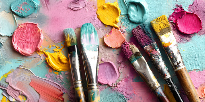 Creative graphic template. Bright art oil acrylics painting with stained paint brushes of vibrant and loud cheerful colour pop swirl blob. copy text space. Long banner	
