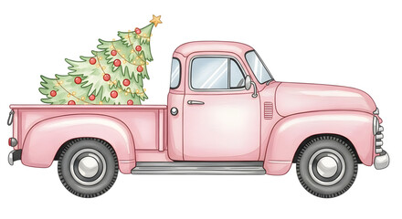 Pink vintage truck carrying a decorated christmas tree isolated on transparent background