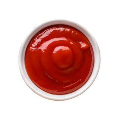 Top view of a small bowl of ketchup.
