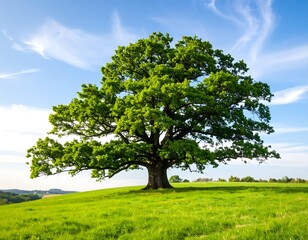 Majestic oak tree in a vibrant green field under a partly cloudy sky