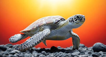 Obraz premium Sea turtle swimming gracefully in the ocean with a vibrant orange background
