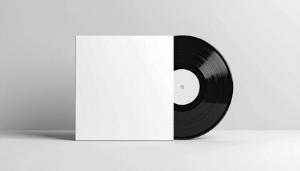 Blank white record sleeve with a vinyl record on a plain background - mockup