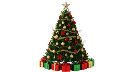 Festive christmas tree with gifts isolated on transparent background