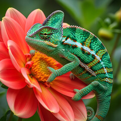 Obraz premium Beautiful green chameleon resting on a vibrant orange dahlia flower in nature