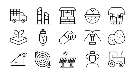Crops and farming linear icon set. Agriculture, tractor, farmer, barn, harvest, livestock, eco, rural, planting, irrigation, tools, vector outline UI icon pack.