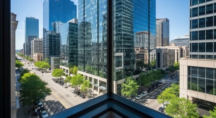 Fototapeta premium Modern Cityscape View Through Building Window