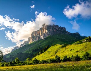 Vibrant green mountain slopes below a rocky peak on a sunny summer day.